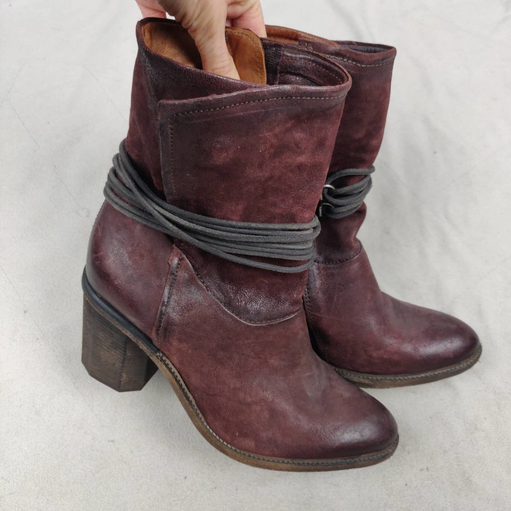 A.S.98 Boots 38 Women's 7.5-8 burgundy Distressed Suede Ankle Wrapped Block Heel